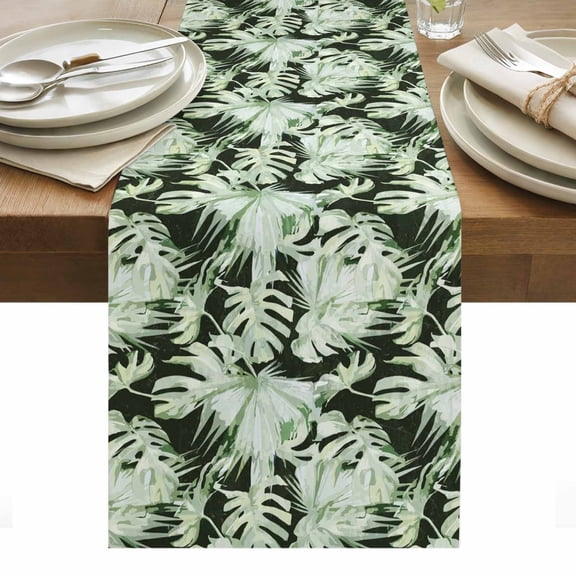 Green Palm Leaves Table Runner Tropical Black Botanical Coastal Tablerunners 13 x 36 Inch, Table Decorations Tabletop Scarf for Summer Gathering Holiday Farmhouse Kitchen Dining Decor