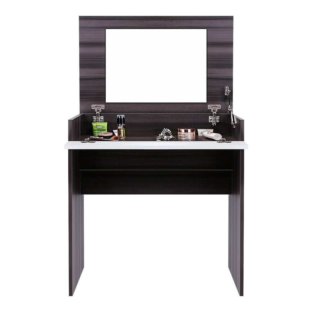 Makeup Vanity Table Set for Bedroom, with Flipup Mirror and Hidden Storage Box, Ebony & White
