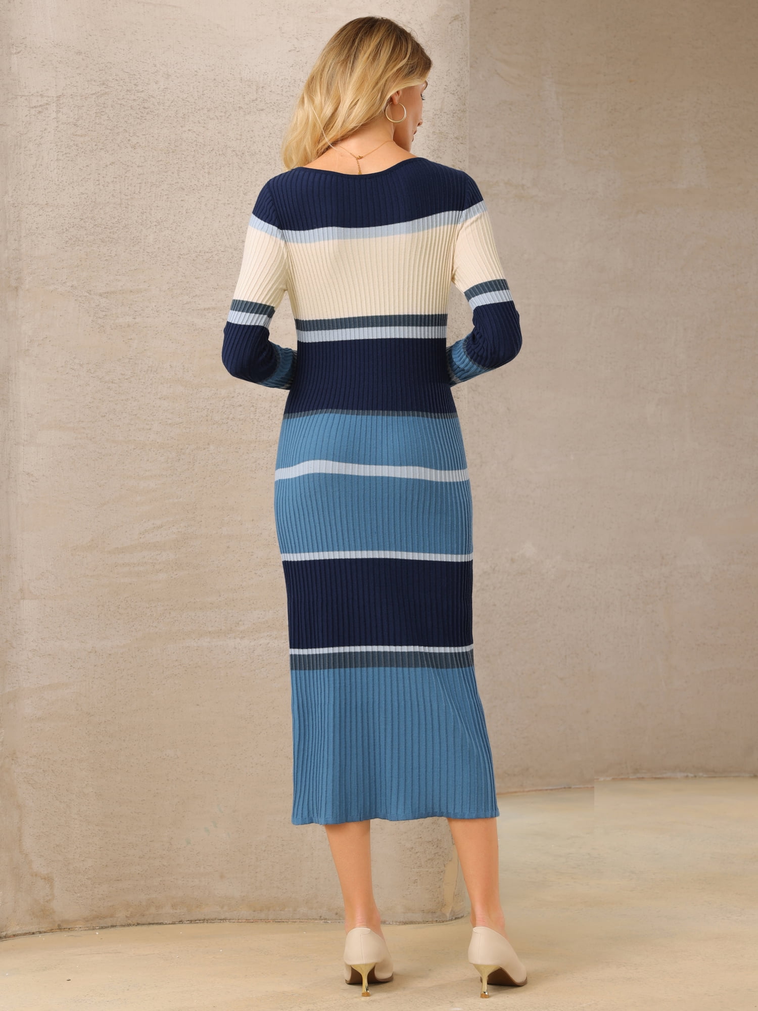 DARING DIVA Women's Striped Long Sleeve Ribbed Knit Bodycon Dress S Grey Blue