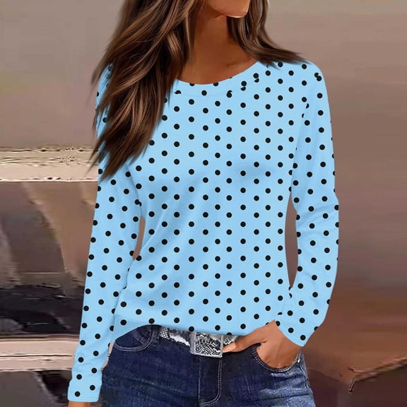 Yrmaups Polka Dot Long Sleeve T Shirt for Women, Casual Round Neck Cotton Soft Top, Lightweight Breathable Tee for Holiday Daily Home Office Wear, Sky Blue S
