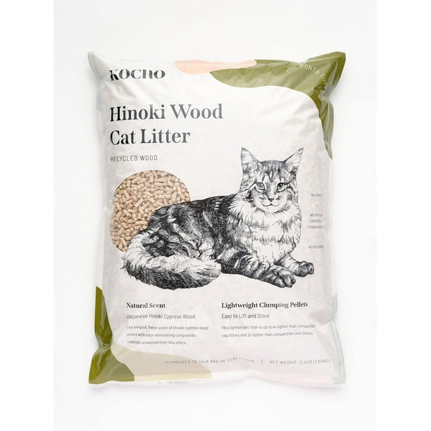 Arena para gatos de madera KOCHO Hinoki reciclada, ultraligera, aroma natural de ciprés japonés Hinoki, suave y sin polvo