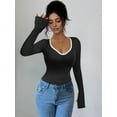 thumbnail image 4 of Women'S Sweetheart Neck Fitted T Shirts Long Bell Sleeve Ribbed Knit Tops Black M, 4 of 7