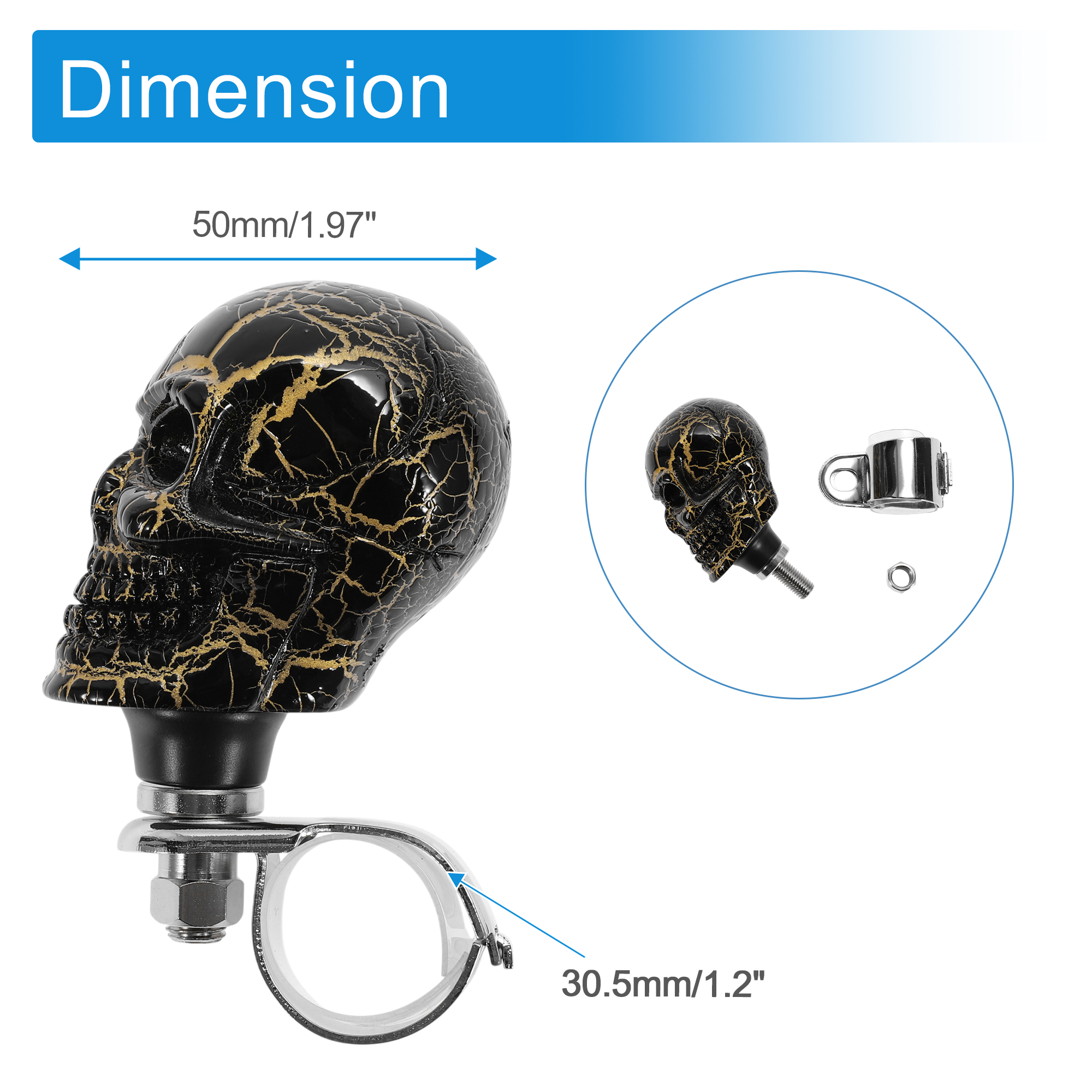 30.5mm Car Steering Wheel knob Small Skull Vehicle Steering Wheel Rotator Ball for SUV Pickup Trucks Semi-Trailers Vans Boats Black Gold Tone 1 Pc