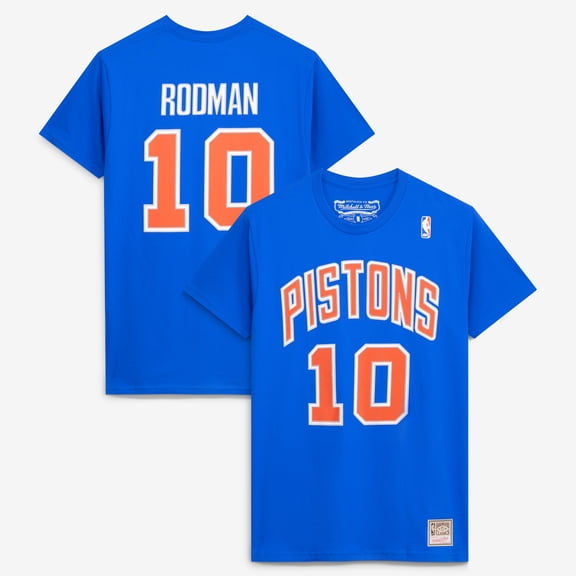 Men's Mitchell & Ness Dennis Rodman Blue Detroit Pistons Hardwood Classics Stitch Name & Number T-Shirt