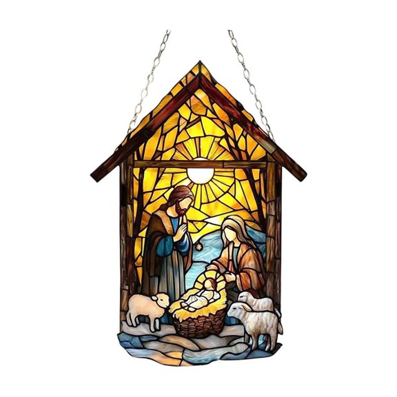 Stained Glass Style Nativity Holy Family Sheep Stable Suncatcher Hanging Ornament Farm Window Christmas Religious Decor