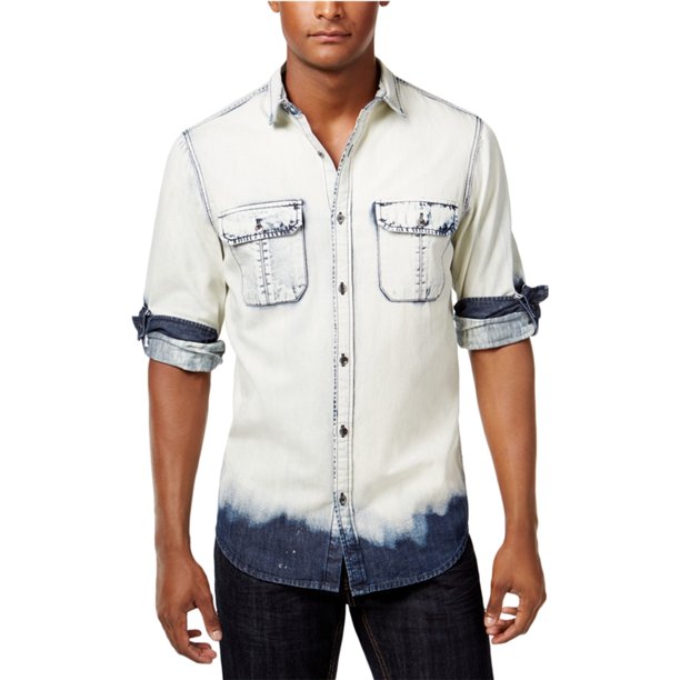 INC Mens Macbeth Bleach-Washed Button Up Shirt, Azul, Grande I-N-C Botones al frente