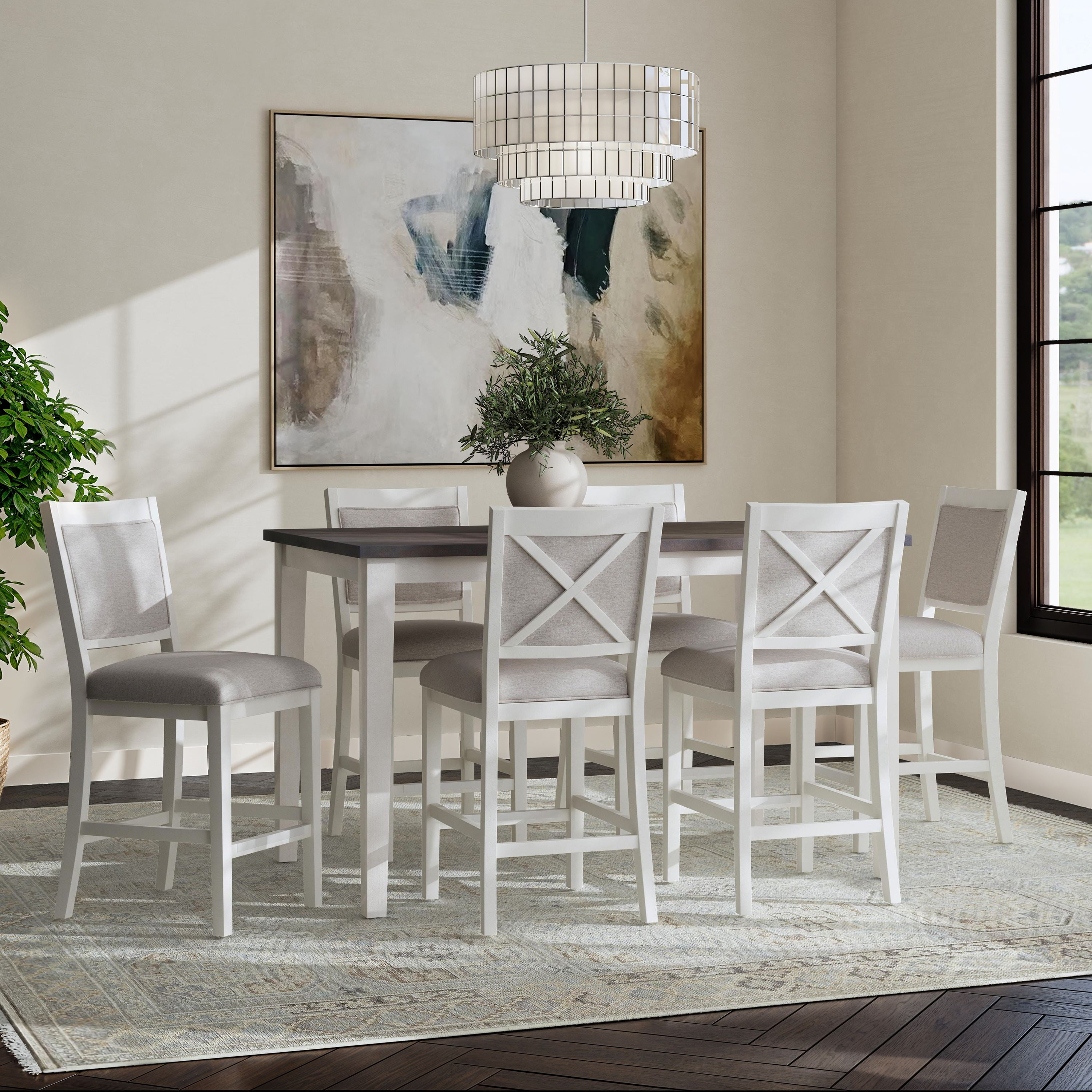 Powell Drew 7-Piece Farmhouse Acacia Dining Table with Chairs, White/Gray