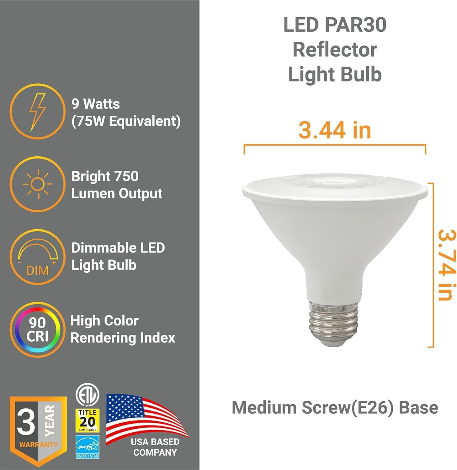 Diodesy- Pack of 6 PAR30/LED/9W/927/6PK PAR30 LED Short Neck Flood Light Bulb, 9W (75W Halogen EQ), 2700K Warm White, Dimmable, Long Lasting, High Brightness, E26 Reflector Light for Accent, Tracking