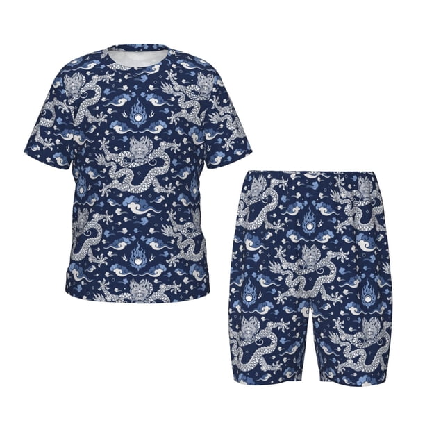 Fotbe Dragon Pijama Estampada de 2 Piezas para Niños – Ropa de Dormir de Manga Corta Cómoda para Niños y Niñas, Camiseta y Shorts de Algodón-Large