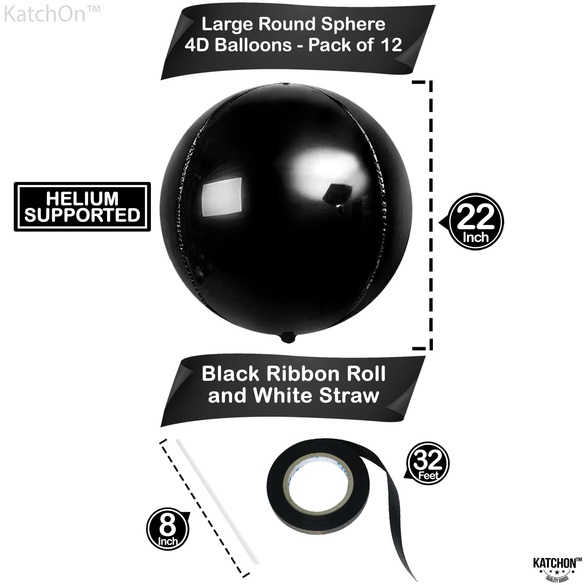 KatchOn, Huge Black Foil Balloons - 22 Inch, Pack of 12 | Round 4D Balloon | Black Party Decorations | Mylar Balloons For Birthday, Bachelorette | Halloween Decor Indoor | New Year Decorations 2026