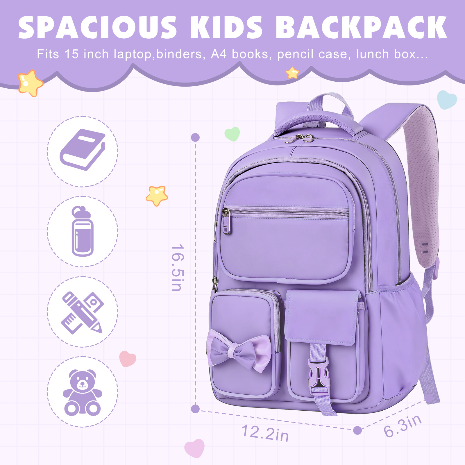 DAKIMOE Kids School Backpack with Bow, Purple photo 2
