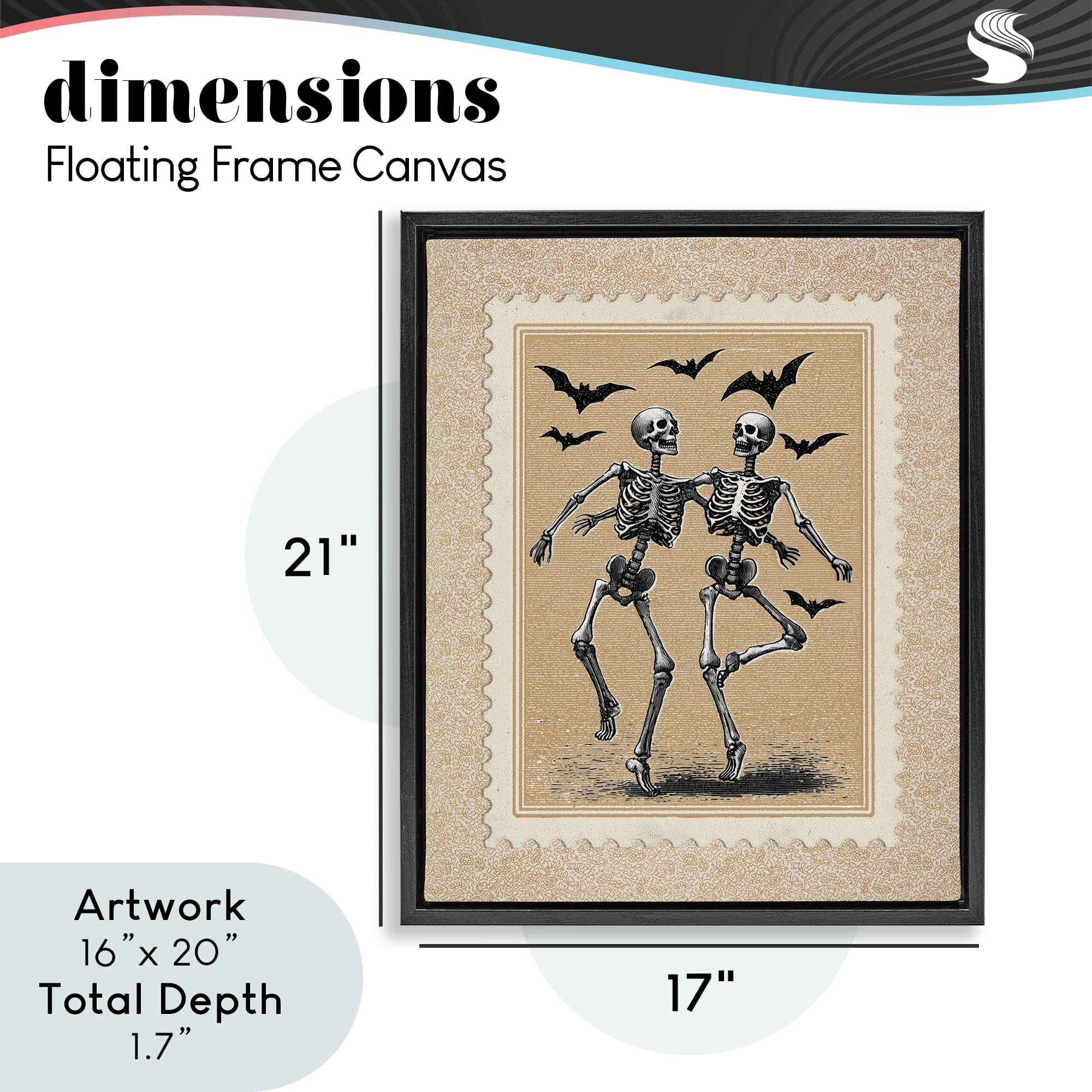 Vintage Dancing Skeletons Stamp Black Framed Floater Canvas Wall Art, design by Arlington Prints
