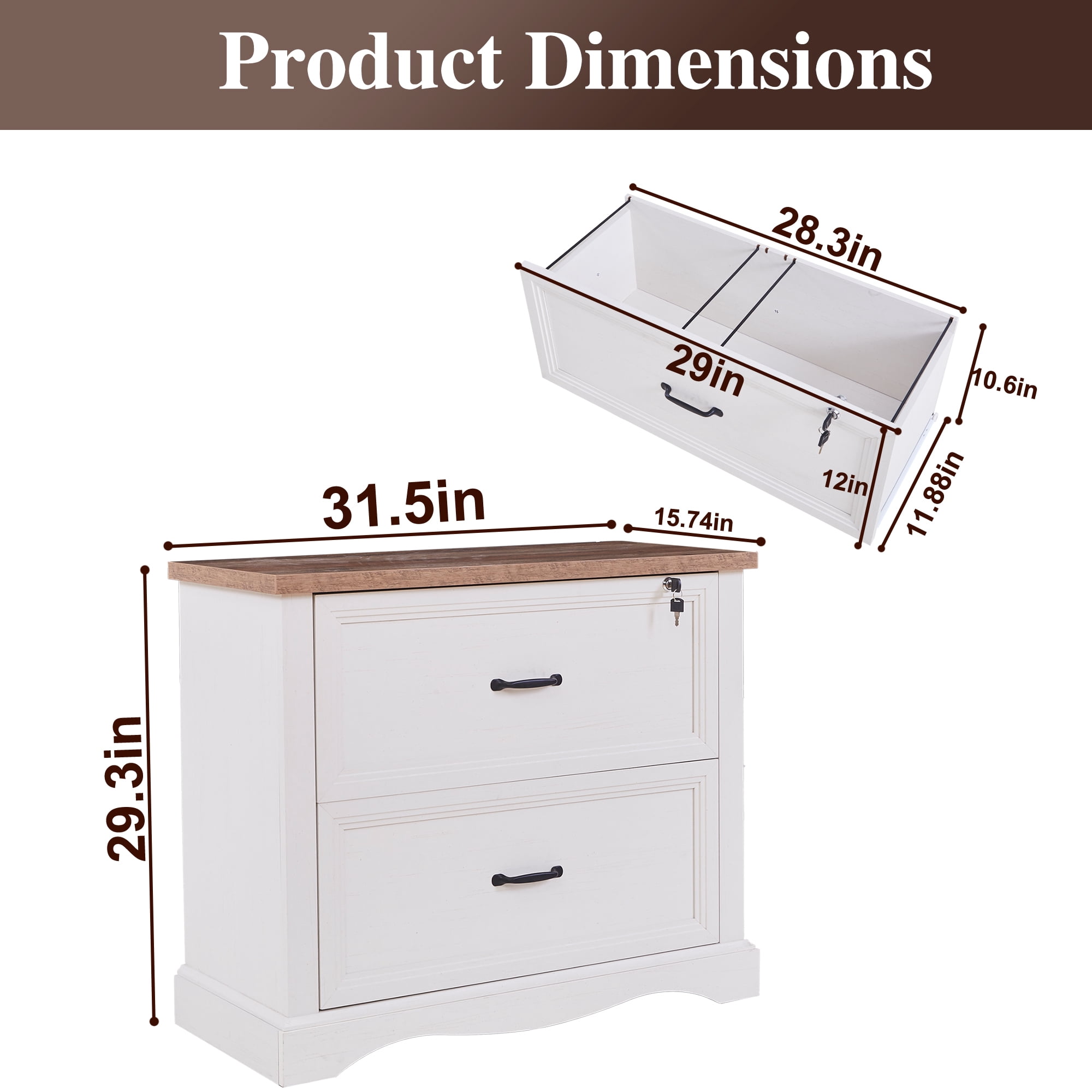 Haooyeah 31.5" Farmhouse Filing Cabinet with Locking Drawer, 2 Drawer File Organizer with Adjustable Rails for A4/Letter/Legal, Large Office Storage, Antique White