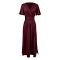 thumbnail image 5 of MIXUE Summer Dresses for Women Solid Color V Neck Short Sleeve High Waist Elegant Side Slit Evening Wedding Party Maxi Dress Streetwear,Red,M, 5 of 5