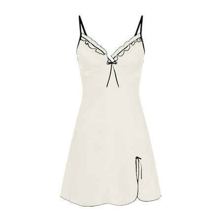 

SpringTTC Women Sexy Satin Silk Bowknot Side Slit Sleepwear Slip Lingerie Dress