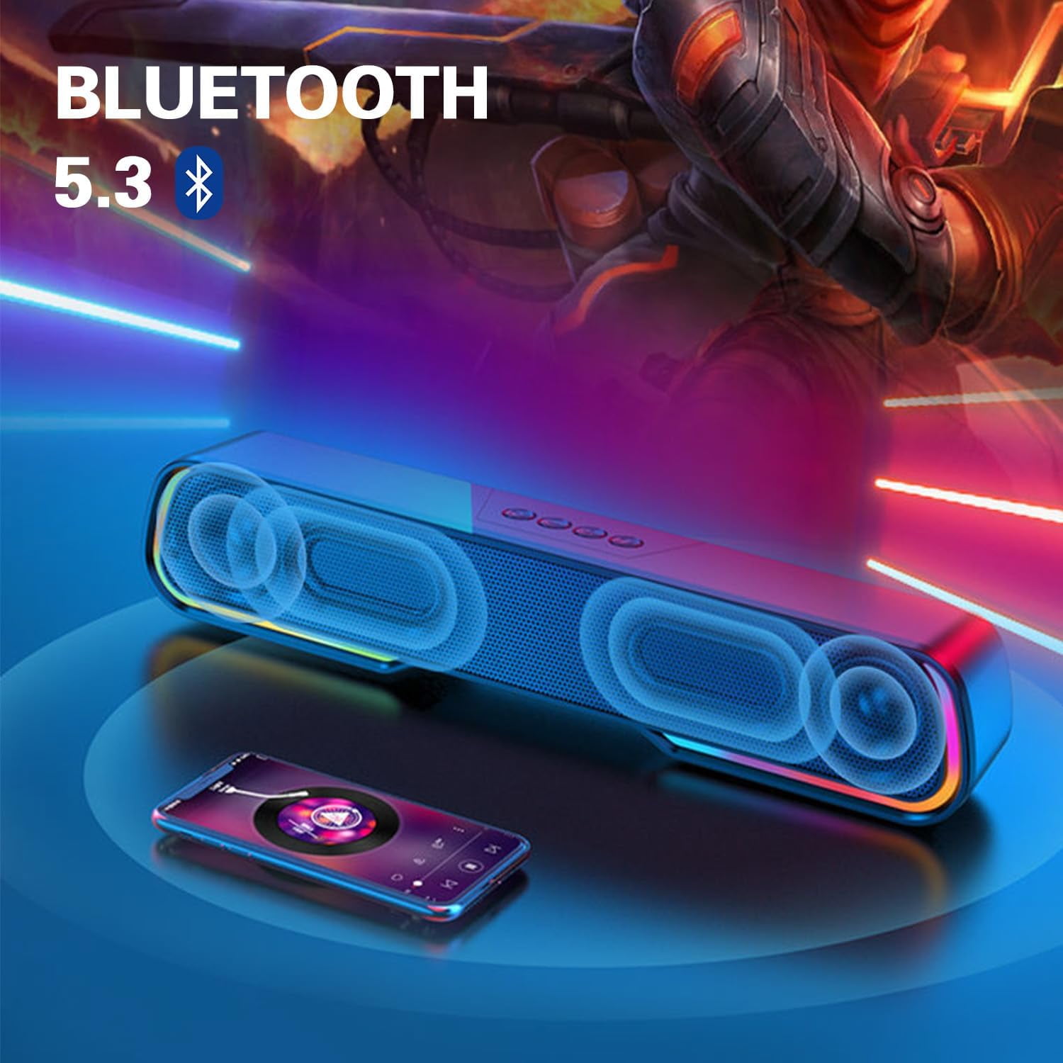 Computer Speakers, HiFi Stereo Desktop Soundbar, Dynamic RGB PC Gaming Speaker, Bluetooth 5.0 & 3.5mm Aux Wired Compact Sound Bar for Desktop, Projectors, Tablet, Phones, Black