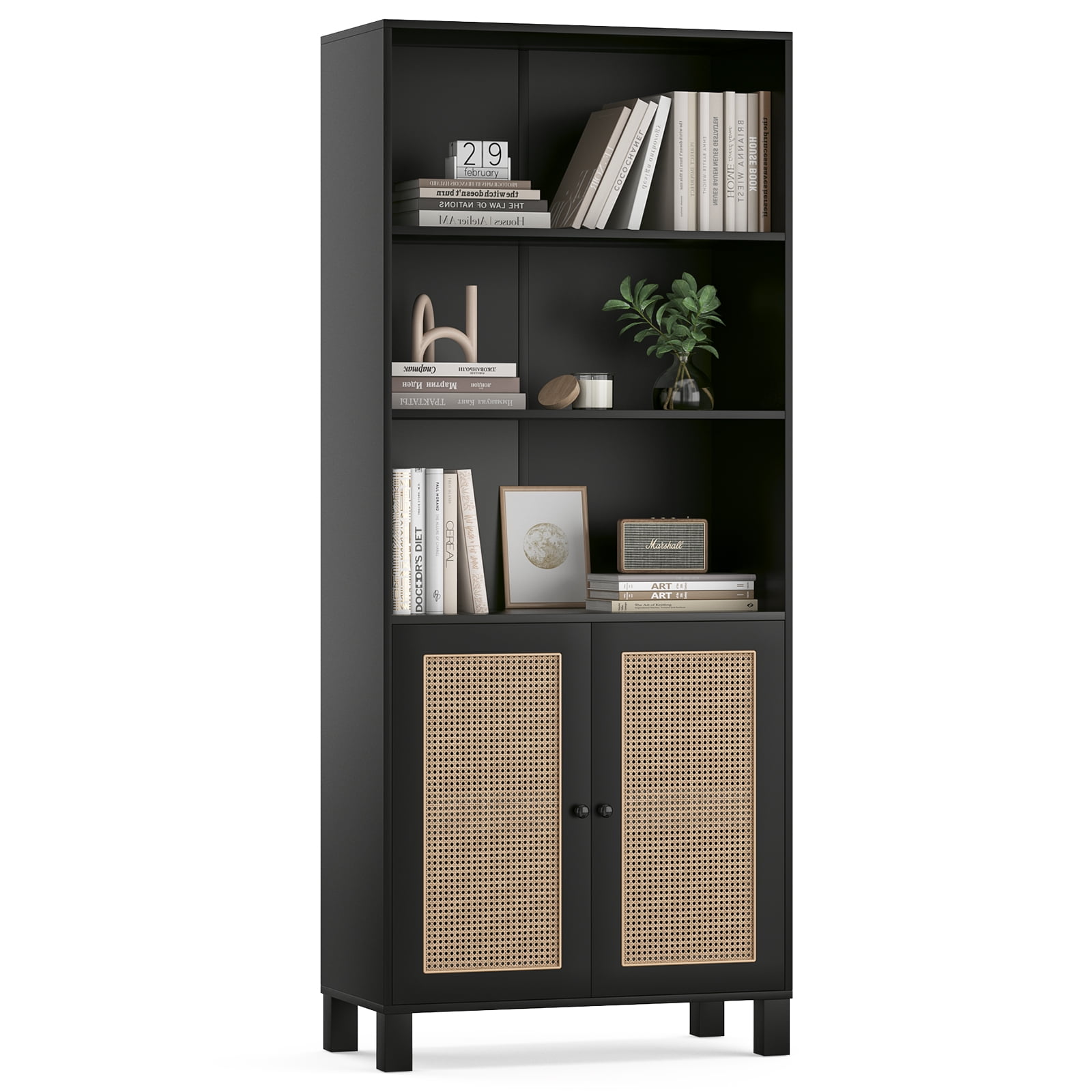 Aukfa Tall Storage Cabinet with Rattan Doors, 5-Tier Wooden Bookcase, Farmhouse Multi-Purpose Cabinet for Living Room,Black