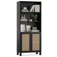 thumbnail image 2 of 5-Tier Bookcase, 70" Tall Farmhouse Display Storage Shelf with 2 Rattan Doors, Adjustable Shelves, Wood Bookshelf for Living Room, Bedroom,Home Office, 2 of 8