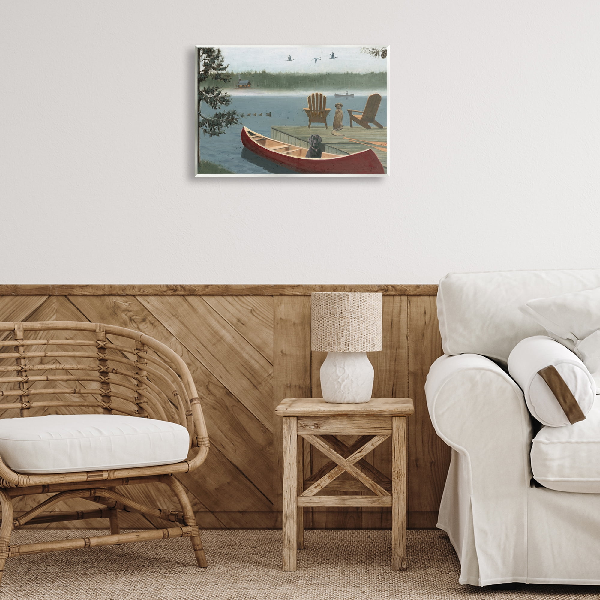 Stupell Industries Dogs on Lake Dock Landscape & Nature Painting Unframed Art Print Wall Art, 19 x 13