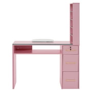 BarberPub Nail Desk with Galss Top, Manicure Table with Drawers and Storage Shelves