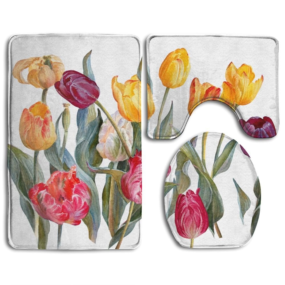 PUDMAD Colorful Tulips Isolated Floral Botanical 3 Piece Bathroom Rugs