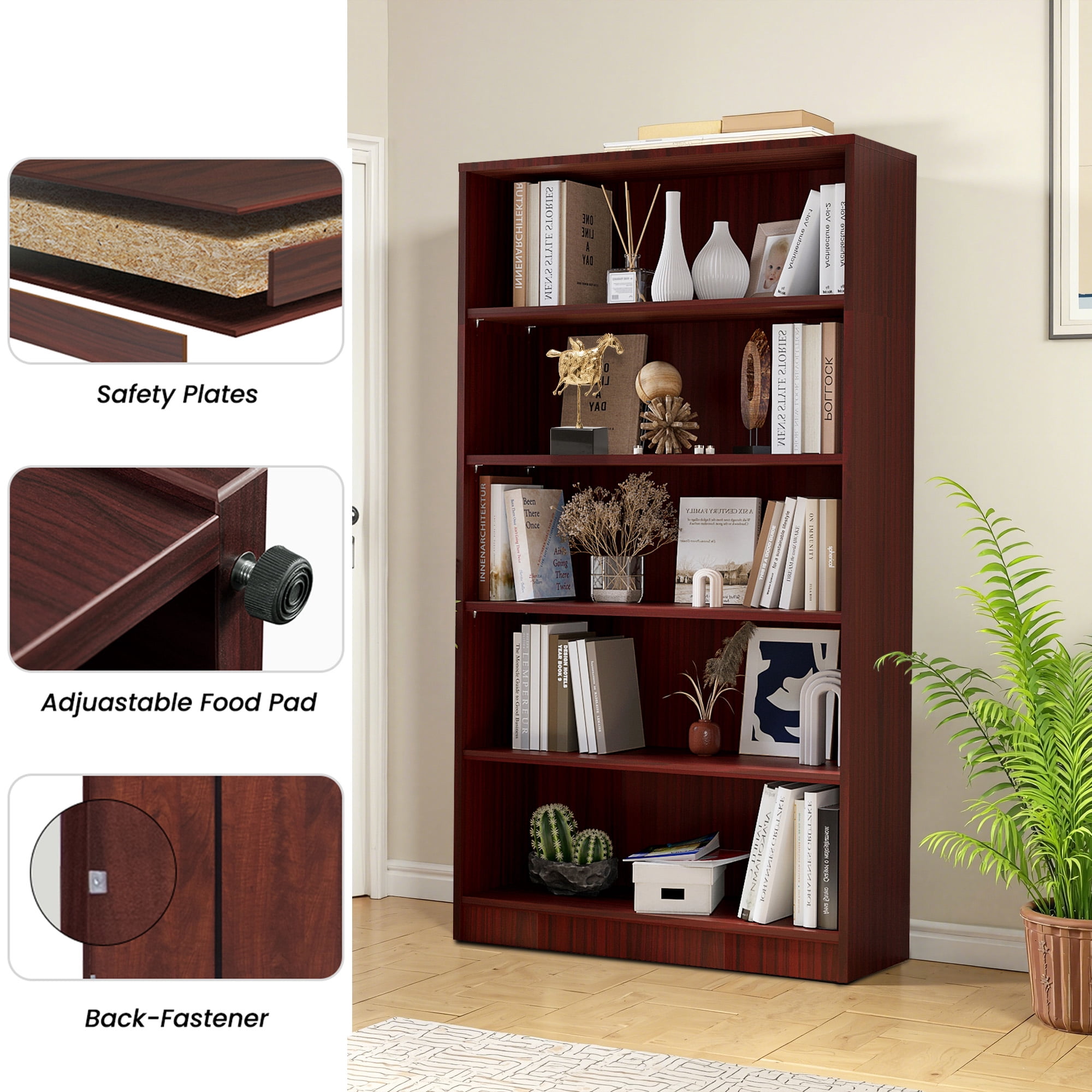 MAYEERTY 5-Shelf Black Wood Bookcase, 60" Tall, for Bedroom, Cherry