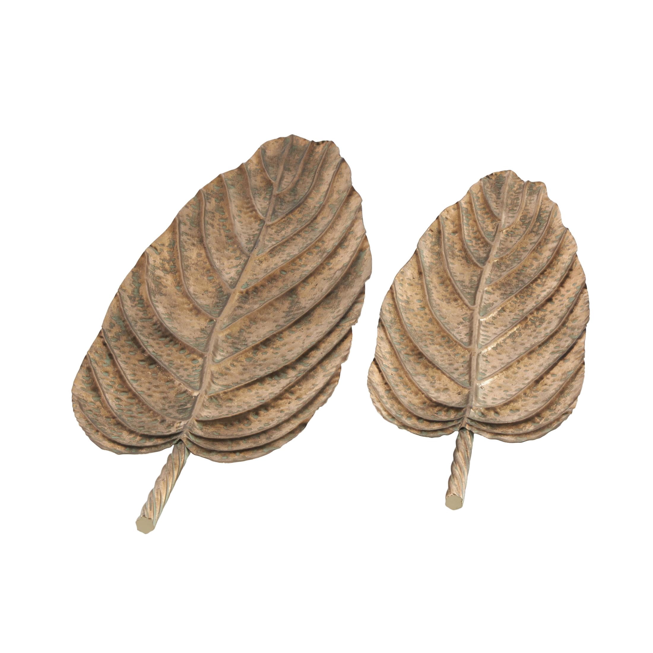DecMode 36", 29"W Copper Metal Textured Leaf Tray with Patina Accents and Elevated Feet, 2-Pieces