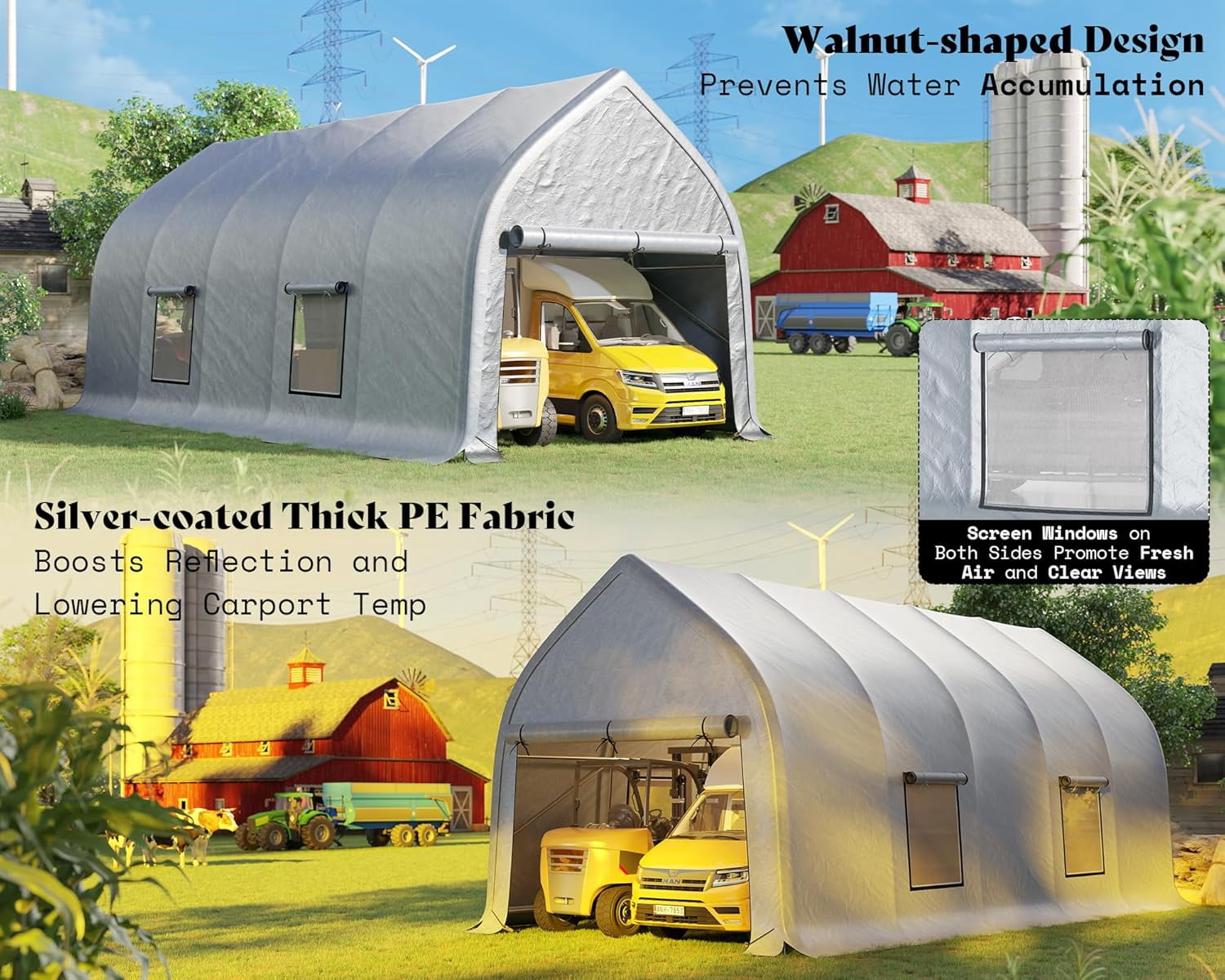 Jocisland 12x30 ft Carport with Galvanized Frame for Car, Roll-Up Doors, Heavy Duty Outdoor Canopy