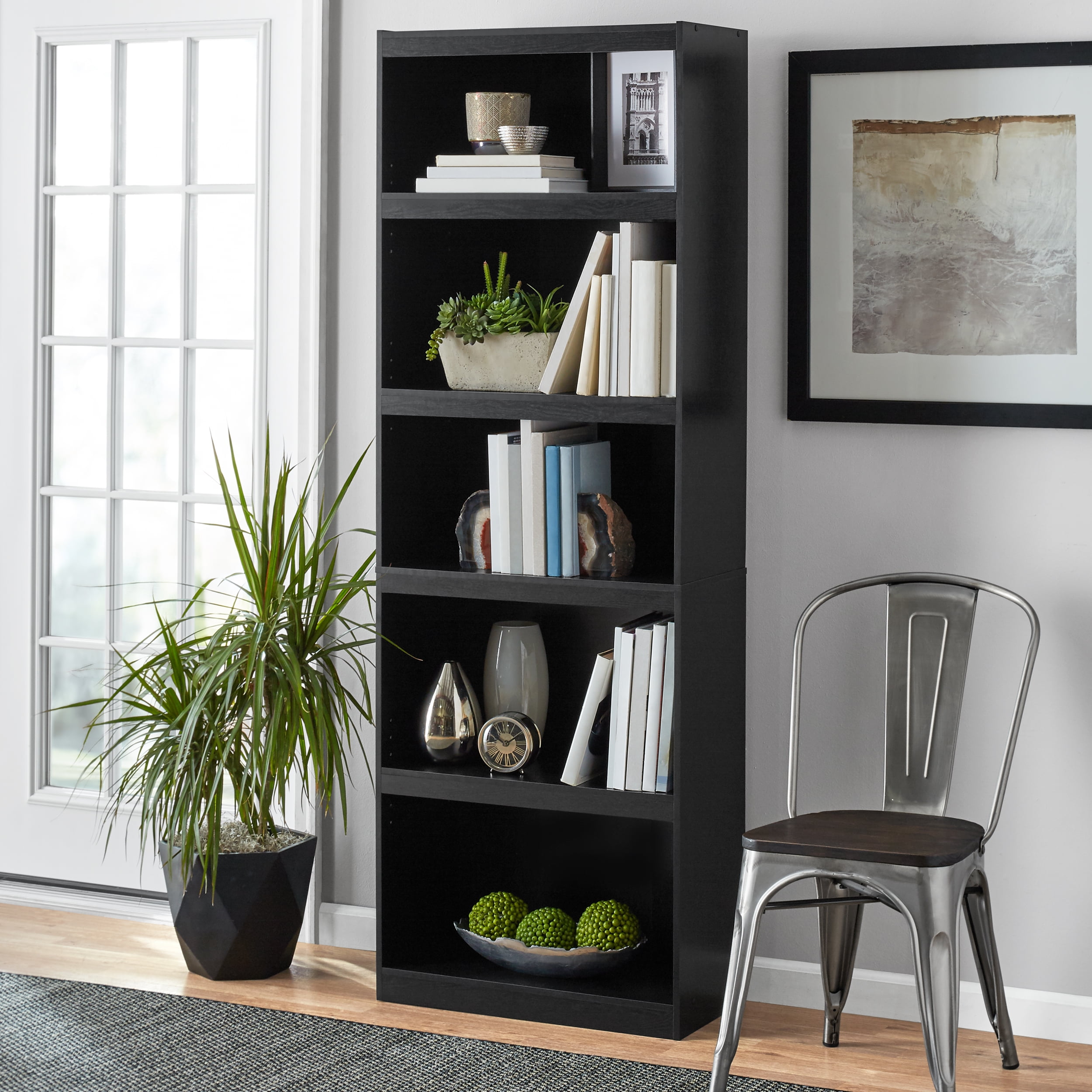 Oak Bookcase WIDE 5 Shelf Set of 2 Pcs Adjustable Home Office Study Bookshelf 