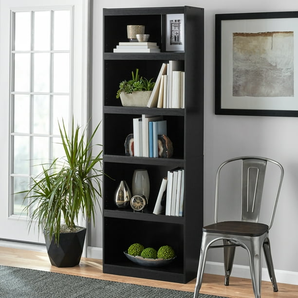 Mainstays Framed 5 Shelf Bookcase True, Black Wood Bookcase 5 Shelf