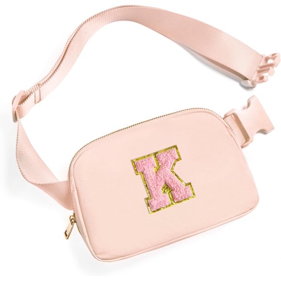 shiyou-Belt Bag Fanny Pack Crossbody Bags with Initial Letter Patch Cute Stuff Birthday Gifts for Teenager Girls Trendy Preppy Stuff for Teen Girls Cool Stuff for Teens, Coral Pink, one size, K