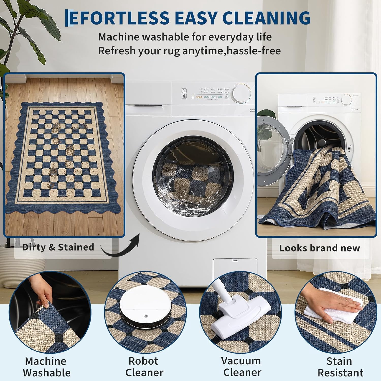 8x10 Washable Area Rug, Non-Slip Scalloped Checkered Design, Modern Farmhouse Indoor Outdoor Rug for Living Room Patio, Navy