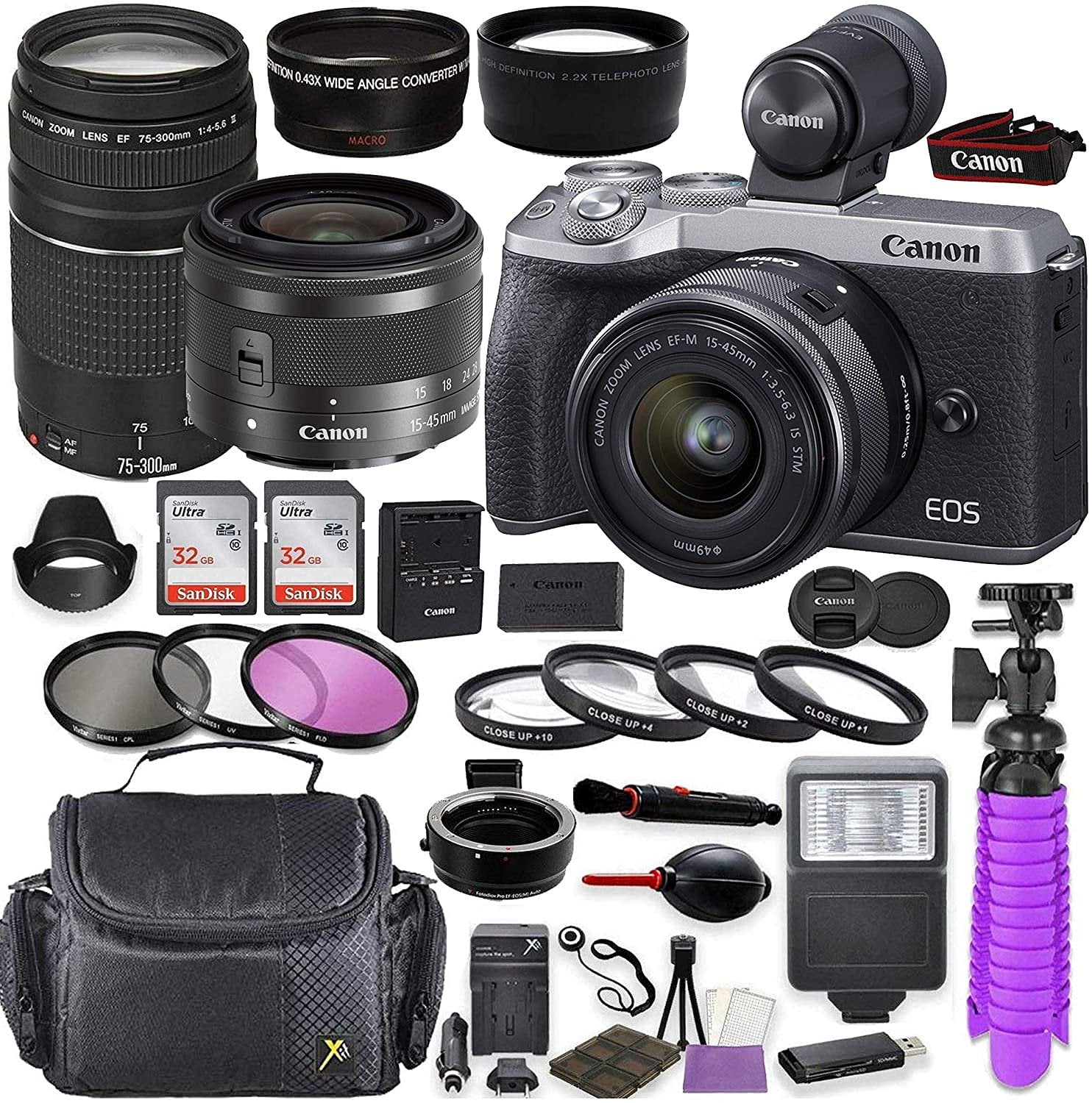 Canon EOS M6 Mk II Mirrorless Camera, Silver w/EVFDC2 Viewfinder, EFM