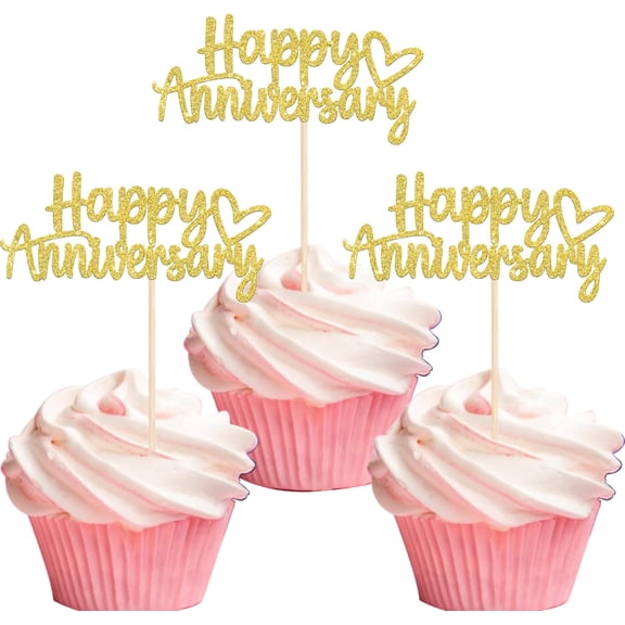 Happy Anniversary Cupcake Toppers, Gold Glitter, Wedding Anniversary Party Cake Decorations, 10 Pack