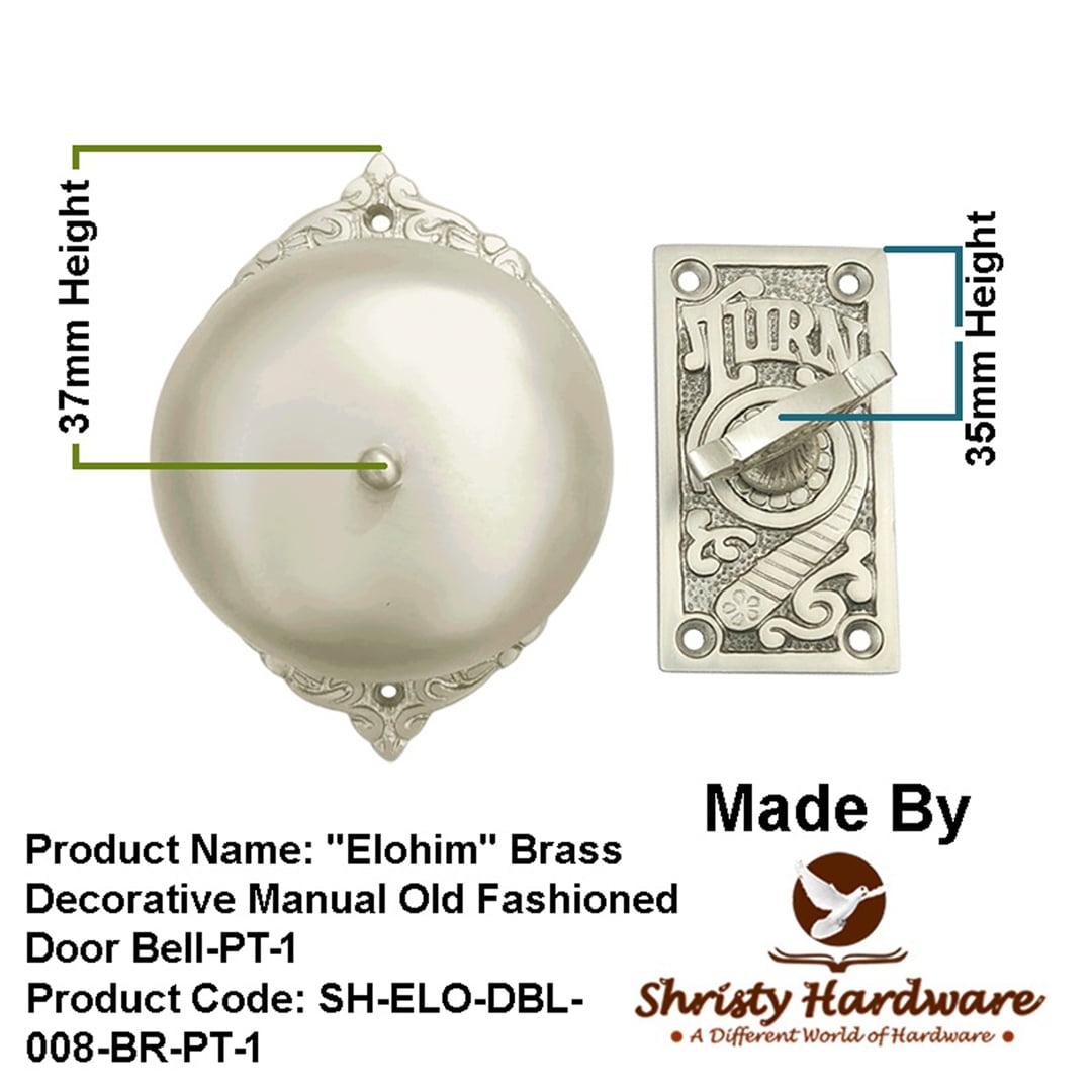 Shristy Hardware "Elohim" Brass Manual Old Fashioned Door Bell – Vintage Twist Bell with Key Plate – Mechanical Doorbell for Home – PT-1 (Pack of 1 Satin Nickel Finish)