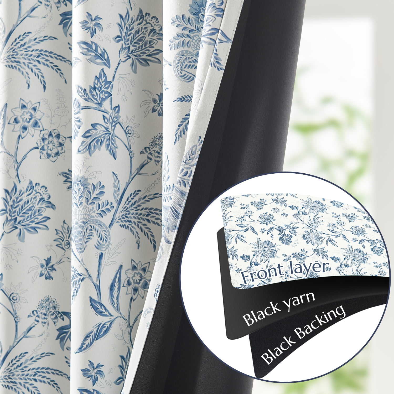 Curtainking Luxury Look Farmhouse Blue Floral Print Rod Pocket Blackout Curtains, 96" (2 Panels)