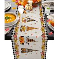 Happy Thanksgiving Cotten Line Table Runners 71 Inches Lon, Cute Gnome Farmhouse Dining Table Runner, Maple Leaf Table Cloth Decoration for Indoor Outdoor Party Wedding Holiday, Fall Harvest Pumpkins
