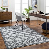 Hauteloom Gada Recycled Material Living Room, Bedroom Area Rug - Bohemian, Transitional - White, Light Slate, Black - 8' x 10'