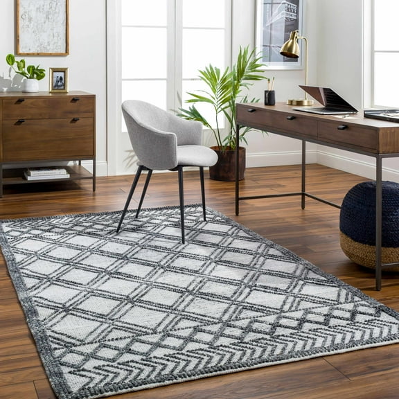 Hauteloom Gada Recycled Material Living Room, Bedroom Area Rug - Bohemian, Transitional - White, Light Slate, Black - 8' x 10'