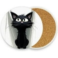thumbnail image 2 of Cartoon Black Cat Coaster, Drinks Round Absorbent Stone Set with Ceramic Stone and Cork Base, Tabletop Protection Mats and Cups Place for 2PCS Home Decor, 2 of 5