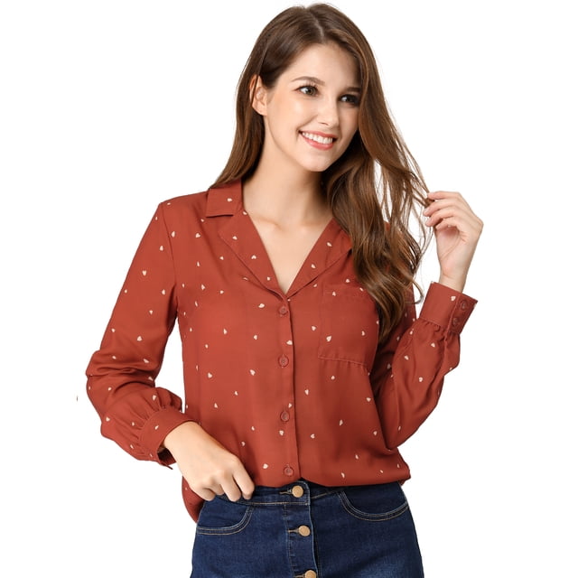 Camisa Con Cuello En V Y Solapa Con Botones Y Lunares En Forma De Corazón Para Mujer Rojo marrón XL