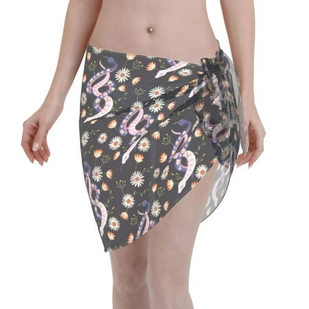 Qekee Snake And Floral1 Women s Short Sarongs Cover Ups Sheer Bikini Wraps for Swimwear