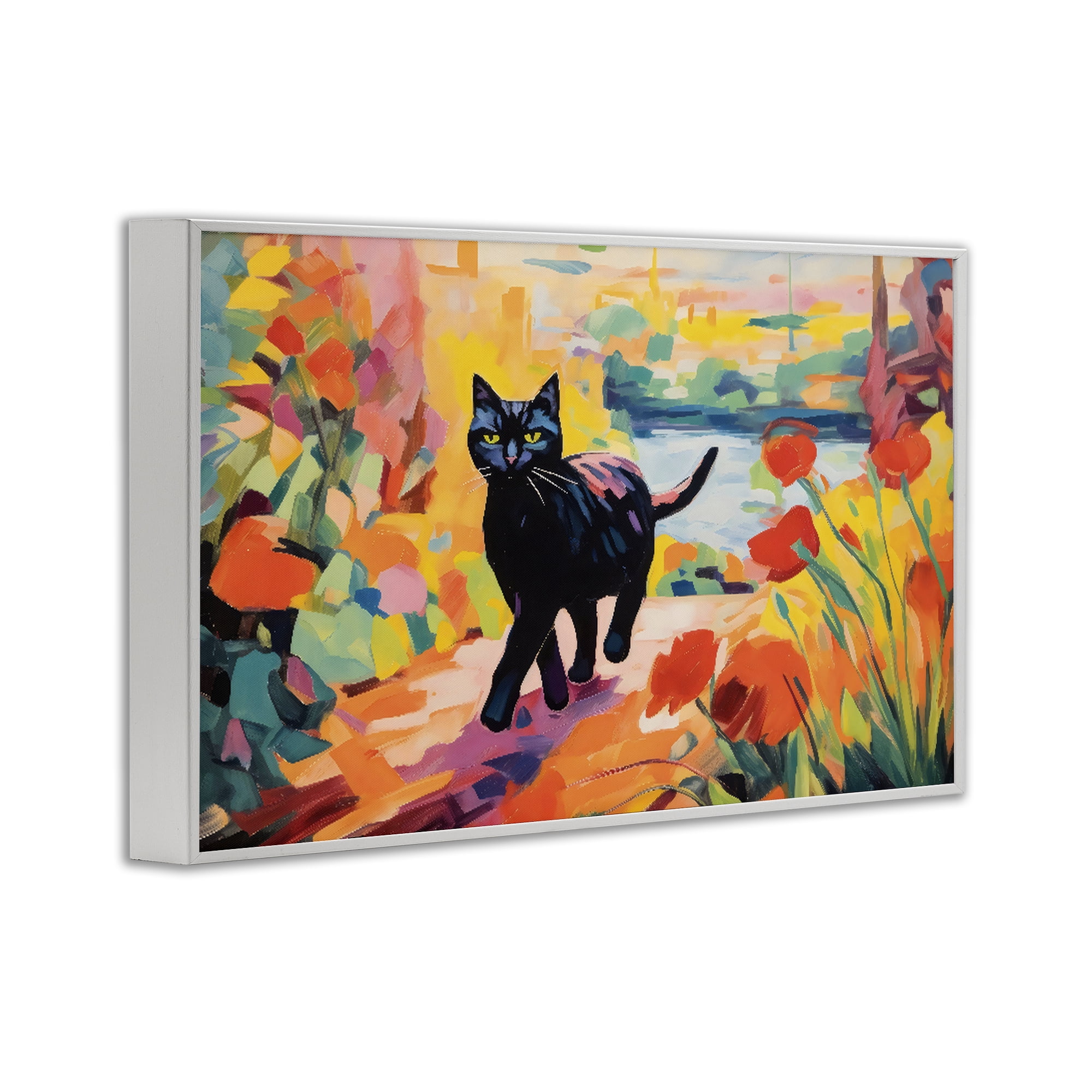 Stupell Industries Sunlit Black Cat in Garden White Framed Giclee Art, design by Creative Studio