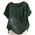 thumbnail image 2 of Xuniizn Linen Shirts for Women Floral Print Crewneck Summer Casual Short Sleeve Shirts Lightweight Breathable Beach Holiday Blouses Tops, S-2XL, 2 of 5