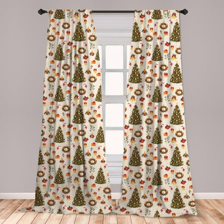 Christmas Curtains 2 Panels Set, Fir Tree Garland and Bells Ornaments Xmas Themed Cartoon Seasonal Holiday, Window Drapes for Living Room Bedroom, Multicolor, by