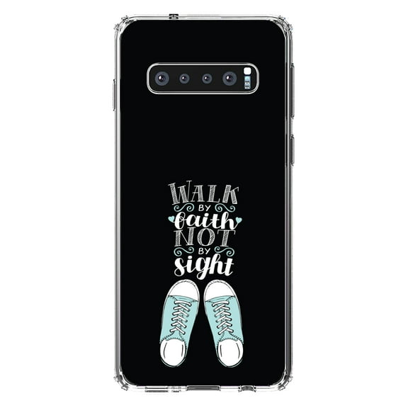 DistinctInk Clear Shockproof Hybrid Case for Samsung Galaxy S10  PLUS(6.4" Screen) - TPU Bumper, Acrylic Back, Tempered Glass Screen Protector - Walk By Faith Not By Sign - Sneakers