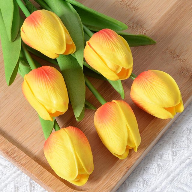 Pu Mini Tulip Artificial Flower Fake Flower Home Wedding Feel Artificial Flower Plastic Flower, Sunset Red