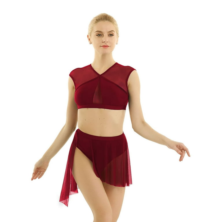 YEAHDOR Womens Sports Dance Mesh Splice Crop Top with Skirt Ballet  Gymnastics Outfit Lyrical Dance Costume Wine Red Small