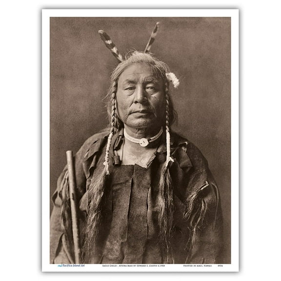 Eagle Child - Atsina Native Man - North American Indian - Vintage B&W Historical Photograph by Edward S. Curtis c.1908 - Master Art Print (Unframed) 9in x 12in