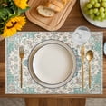 thumbnail image 4 of Beige Teal Boho Placemats Set of 4, Medieval Vintage Ethnic Floral Abstract Placemats for Dining Table, Place Mats for Kitchen Tabletop, Waterproof Wipeable Dining Table Mats Set, 4 of 9